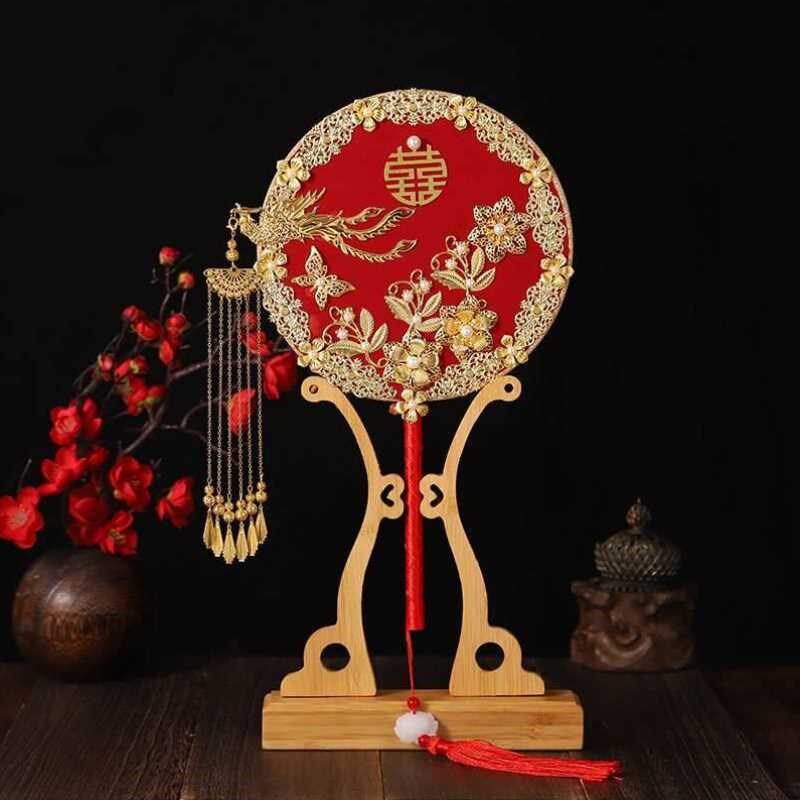 扇子结婚秀禾新婚红色团扇新娘端出嫁喜扇秀和服手扇成品扇