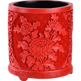 扬州漆器厂脱胎剔红雕漆大笔筒办公用品桌面创意复古礼品