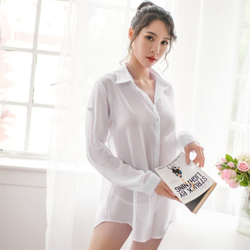 BF风中长款衬衫性感透明家居服开衫大码宽松衬衣长袖雪纺防晒衫女