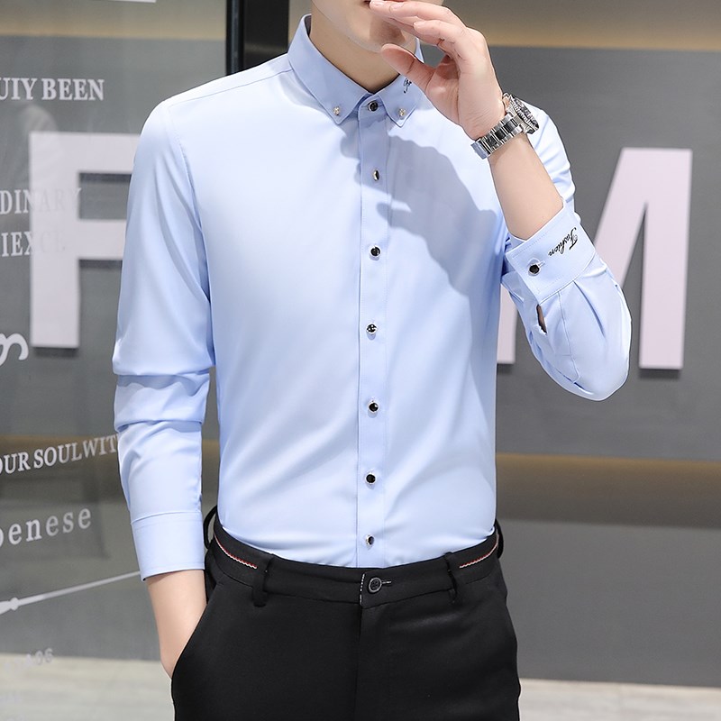 白衬衫男长袖修身免烫新商务正装高级感新郎伴郎结婚西装衬衣白色