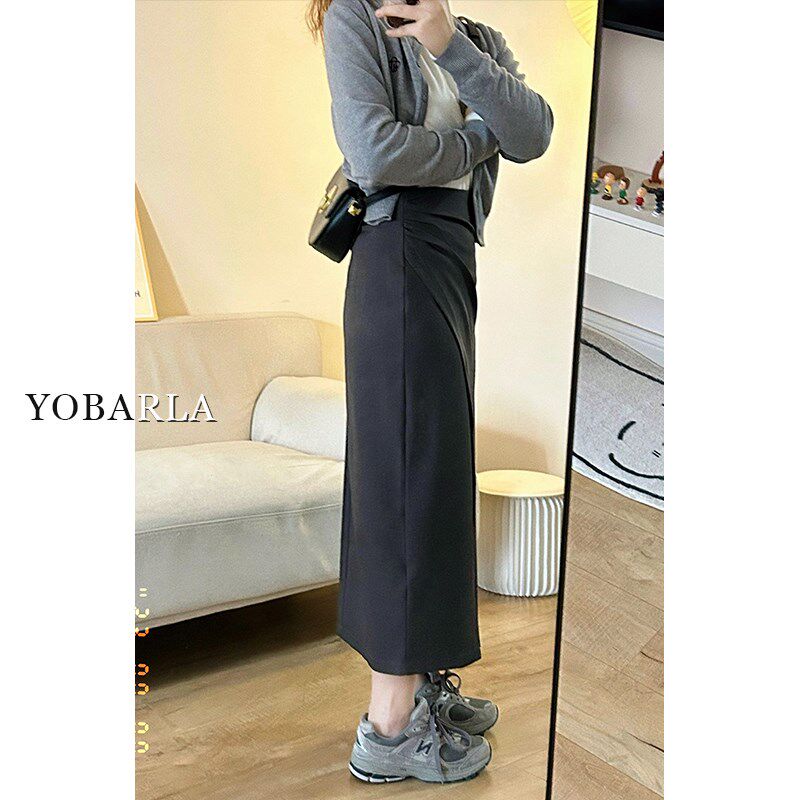 深灰色西装开叉休闲半身裙女春秋高腰大码显瘦胖mm中长款a字裙子