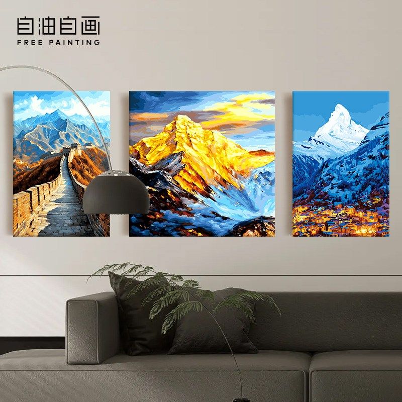 自油自画 数字油画diy 手绘手工填充填色油彩客厅装饰画 雪映金辉