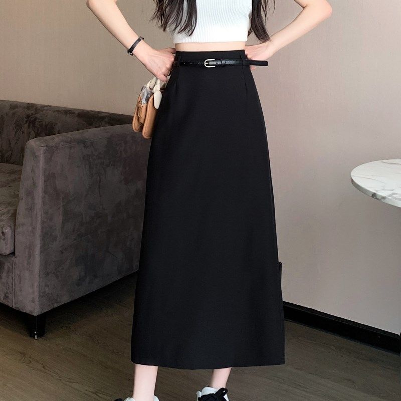 黑色半身裙女秋高腰包臀裙大码新款西装裙子中长款A字裙半身长裙