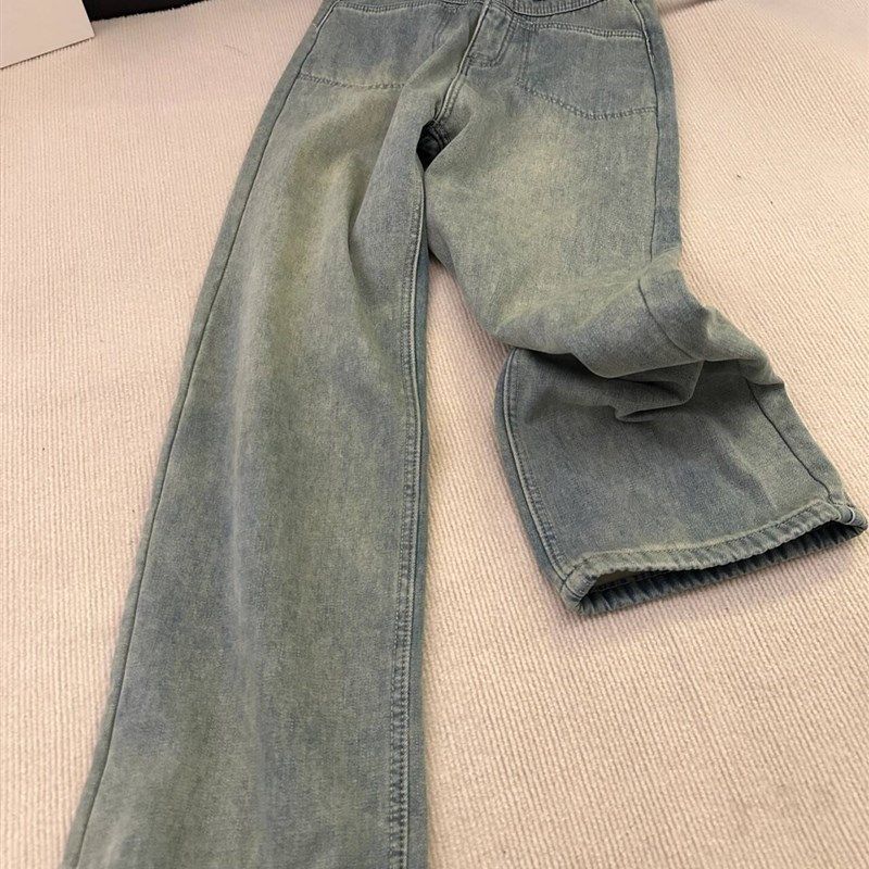 复古蓝色加绒加厚直筒牛仔裤女秋冬2023新款高腰垂感拖地阔腿长裤