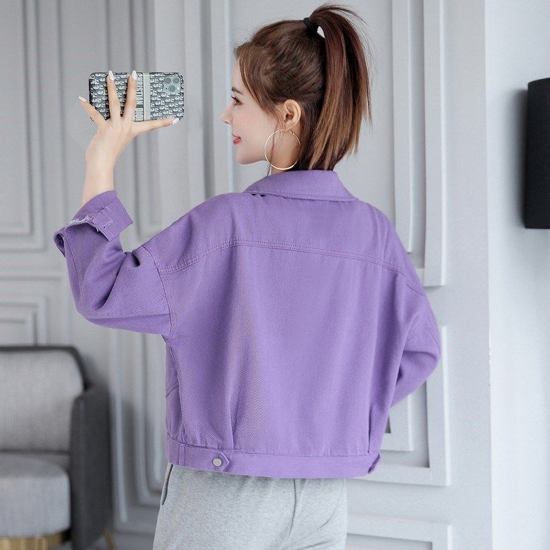 紫色牛仔短外套女士2022早春秋季新款小个子休闲百搭工装夹克上衣,女装/女士精品,短外套,淘宝优惠券,粉丝福利购,淘宝优惠卷