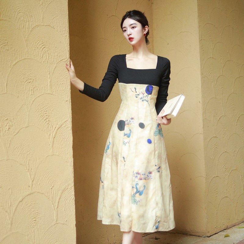 2023早秋新款收腰显瘦国风方领针织拼接长袖连衣裙女气质中长裙子,女装/女士精品,连衣裙,淘宝优惠券,粉丝福利购,淘宝优惠卷