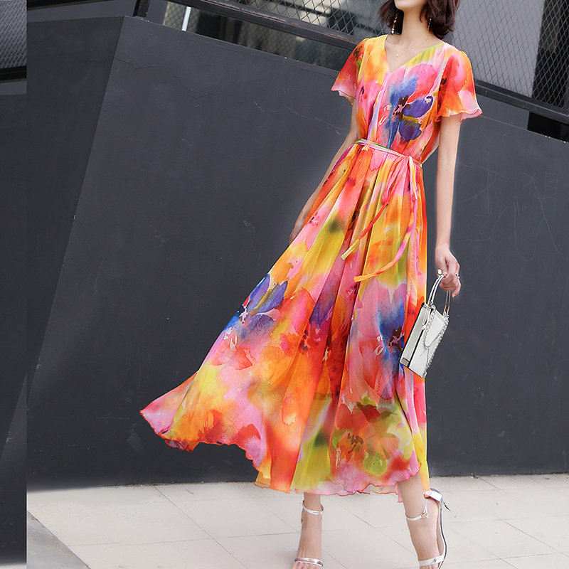 超大裙摆雪纺仙女连衣裙海边沙滩旅拍沙漠长裙超长款大码及踝长袖