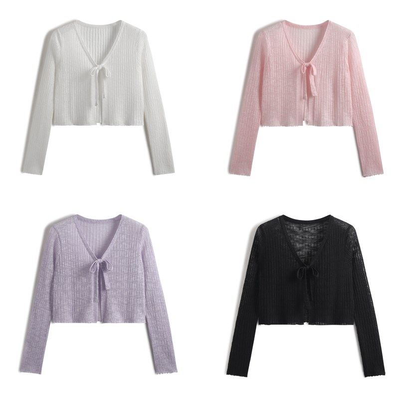 甜美勾花镂空系带防晒开衫女夏季百搭简约针织空调罩衫短款薄上衣