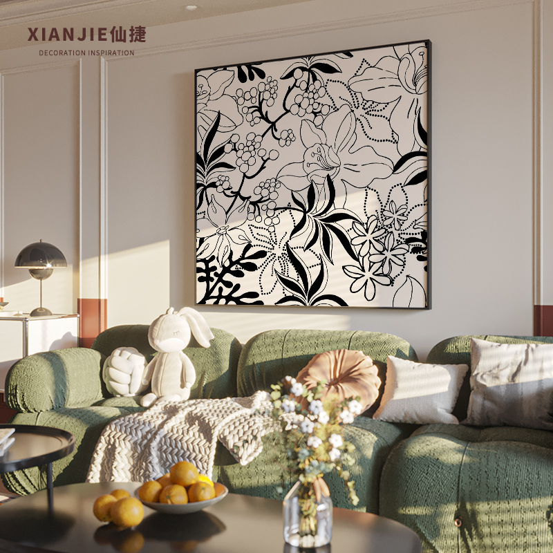 现代餐厅客厅玄关挂画黑白复古植物沙发背景墙卧室装饰画方形壁画图片