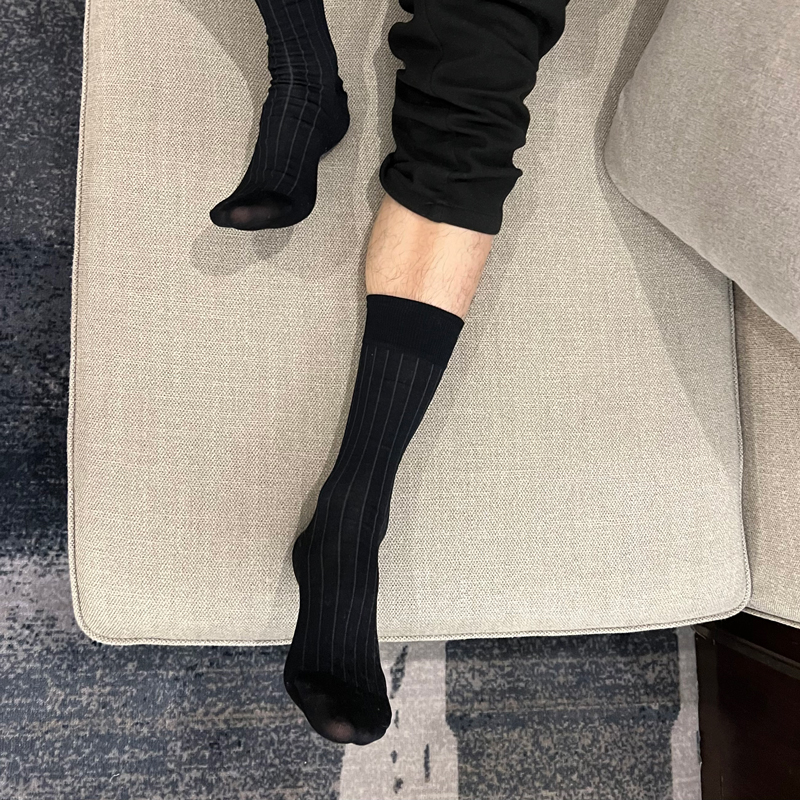 正装袜子男商务绅士条纹黑袜纯棉防臭防脚气性感夏季中长筒西装袜