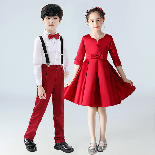 儿童演出服中小学生大合唱团女童红色礼服裙男童朗诵元旦表演服装