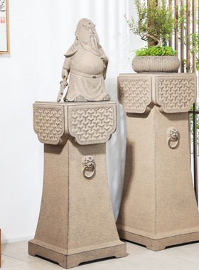 武财神关公摆件新中式仿古工艺品室内装饰展示柱底座招财开业礼品