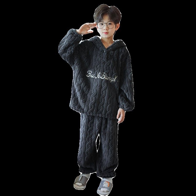 男童法兰绒加厚冬装休闲睡衣珊瑚绒2024新款秋冬男孩家居服儿童装