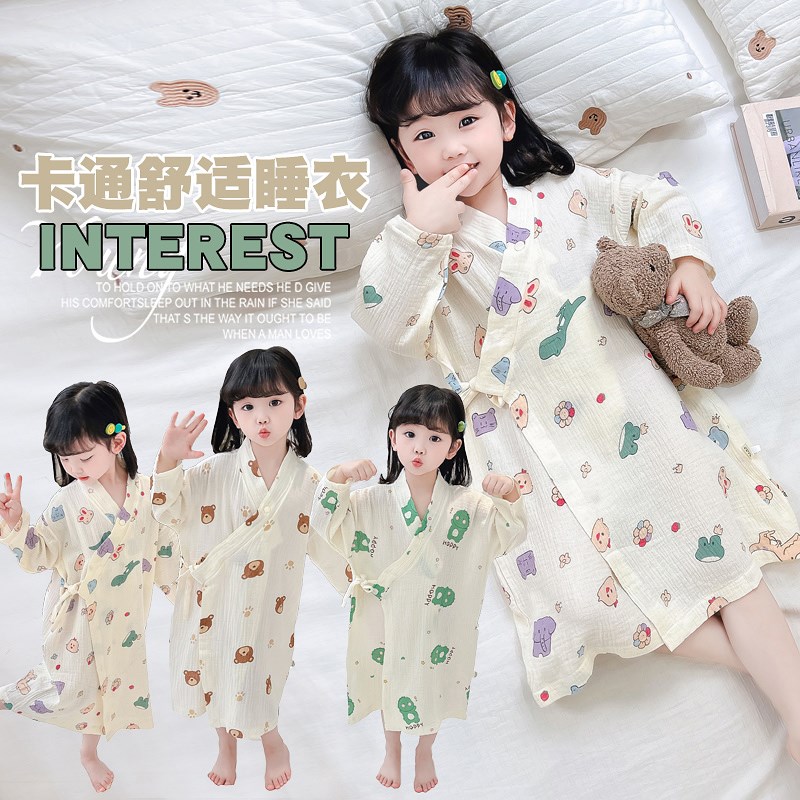 女童纱布睡衣夏季纯棉儿童卡通薄款长袖家居服睡袍宝宝连体浴巾夏