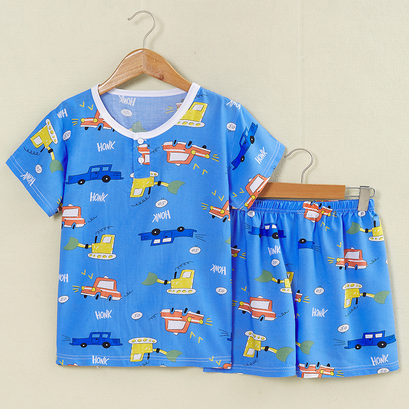 夏季儿童棉绸短袖短裤家居服睡衣男童小孩宝宝薄款绵绸空调服