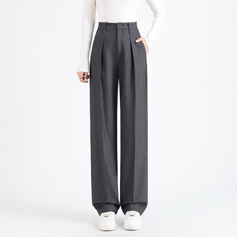 高级灰色直筒西装裤女春秋高腰垂感显瘦宽松窄版阔腿裤羊毛西裤女