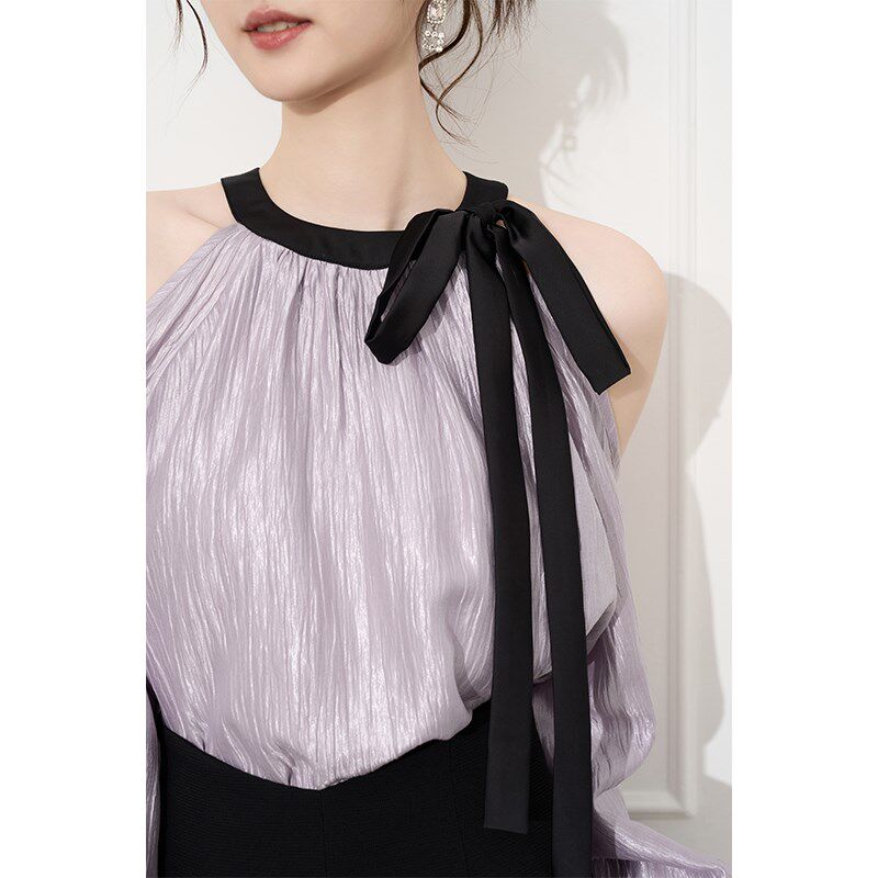 紫色挂脖衬衫女2024新款早秋轻奢高级感小衫短款长袖露肩上衣套装