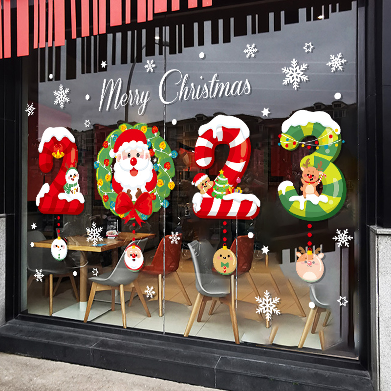 2023圣诞节装饰店铺橱窗贴圣诞老人玻璃门贴纸静电贴挂件场景布置