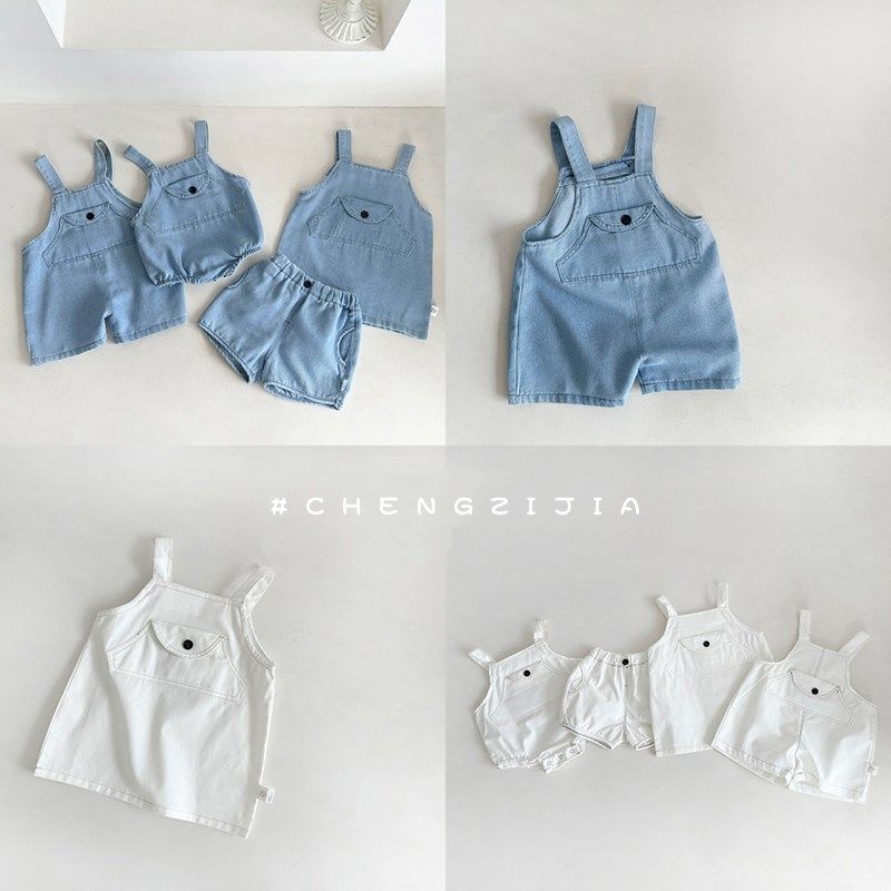 宝宝夏装牛仔连体衣婴儿可爱口袋背带短裤女童吊带裙套装包屁爬服