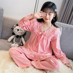 女童春装睡衣2023新款儿童家居服套装洋气纯棉长袖夏季蕾丝空调服