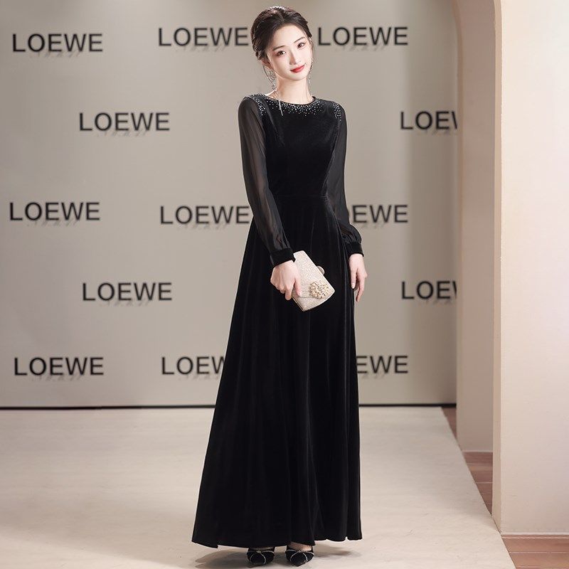 黑色年会晚礼服大合唱演出服女长裙艺考主持钢琴朗诵独唱指挥服装