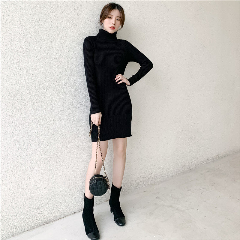 高领毛衣女中长款加绒加厚秋冬内搭针织连衣裙修身显瘦打底毛衣裙
