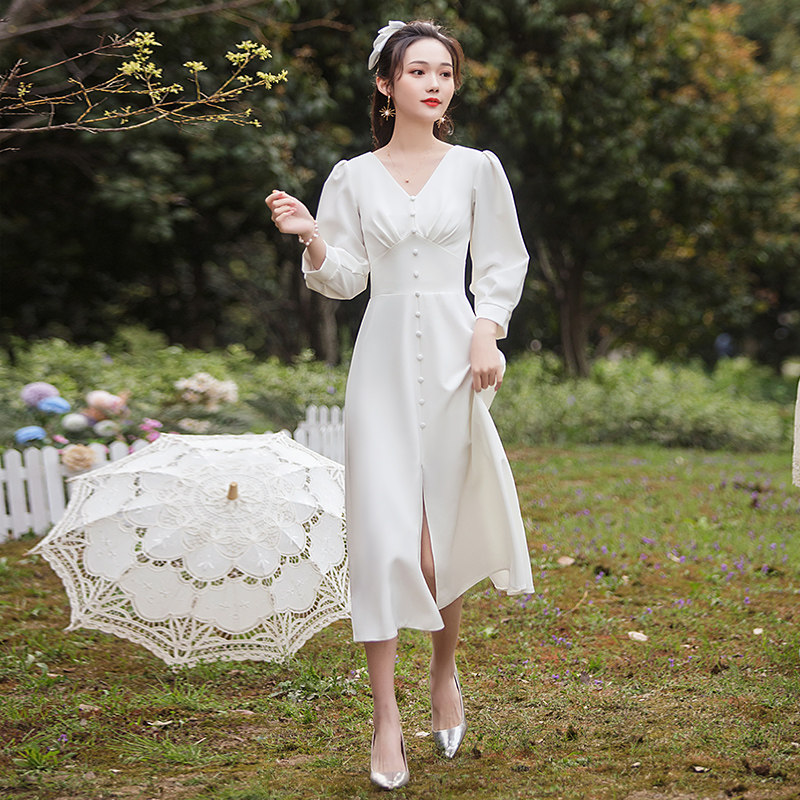 领证登记平时可穿法式秋冬长袖小白裙伴娘服轻婚纱礼服订婚连衣裙,女装/女士精品,连衣裙,淘宝优惠券,粉丝福利购,淘宝优惠卷