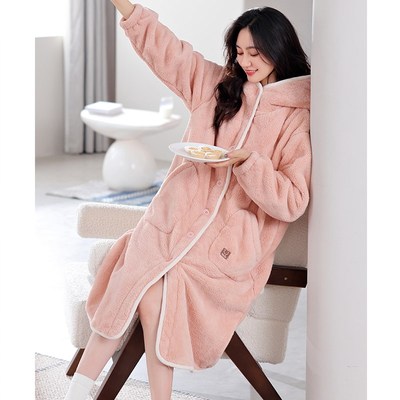 睡袍女士睡衣冬季珊瑚绒加厚加绒长款浴袍女款秋冬法兰绒冬款浴衣
