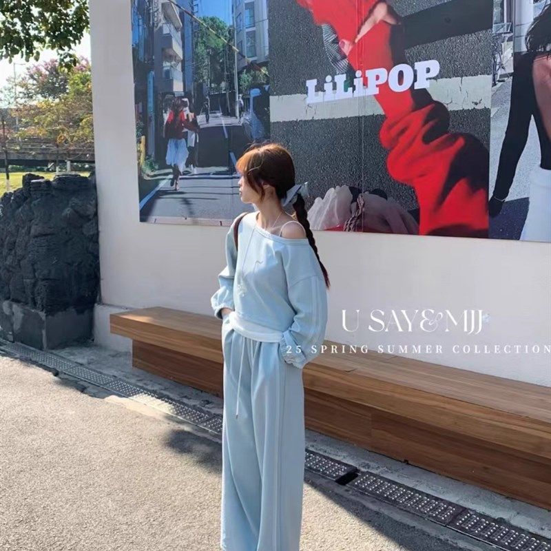 韩国新款时尚设计感拼接蕾丝斜肩卫衣吊带休闲阔腿长裤三件套装女,女装/女士精品,时尚套装,淘宝优惠券,粉丝福利购,淘宝优惠卷