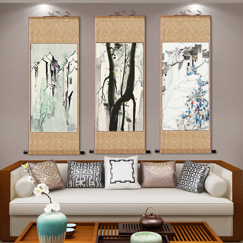 近代名家吴冠中装饰画抽象挂画荷花图柳树徽派建筑画油画国画绢画图片