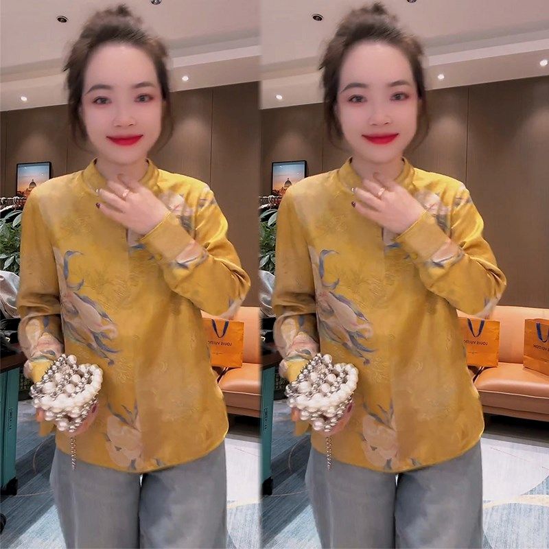 新中式国风盘扣提花衬衫女24秋冬立领百搭显瘦复古设计感T恤小衫,女装/女士精品,衬衫,淘宝优惠券,粉丝福利购,淘宝优惠卷