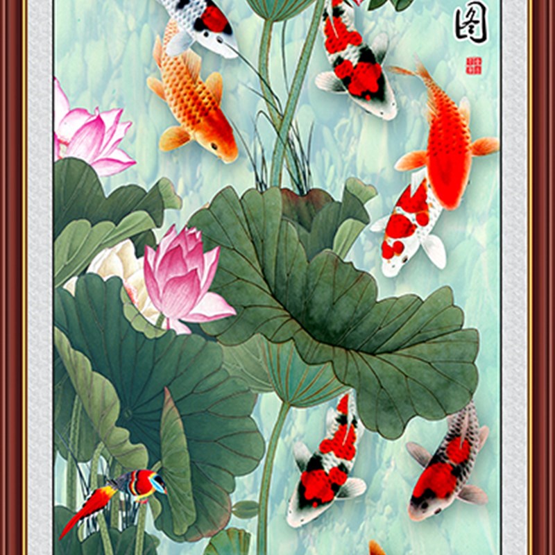 装饰画客厅玄关过道背景墙画九条鱼牡丹画山水风景九鱼图自粘贴画图片