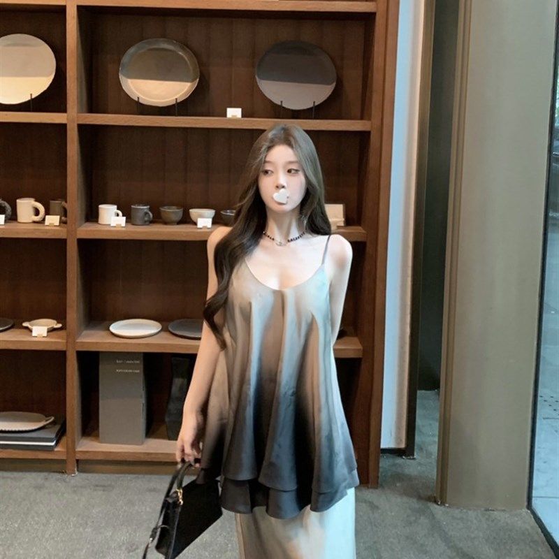 复古水墨画套装裙女气质缎面短款吊带背心夏季高腰半身裙两件套女,女装/女士精品,时尚套装,淘宝优惠券,粉丝福利购,淘宝优惠卷