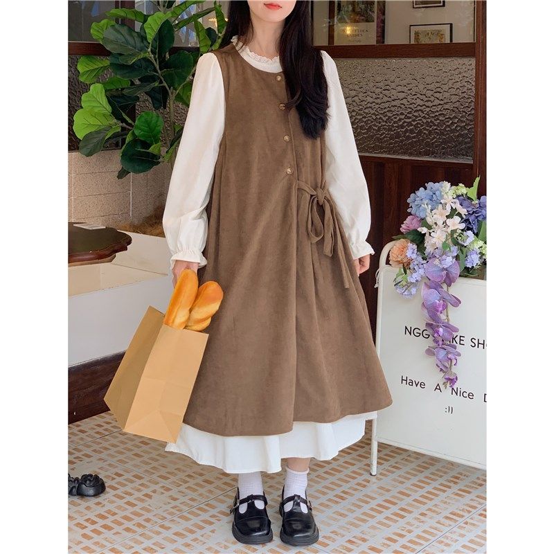 踏进银河 秋冬新款复古叠穿背心连衣裙小个子设计感宽松显瘦A字裙