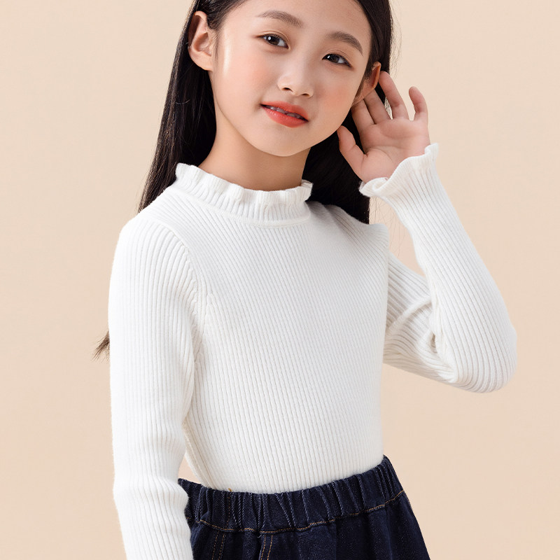女童毛衣套头2025新款秋冬儿童白色针织衫洋气修身木耳边立领毛衫