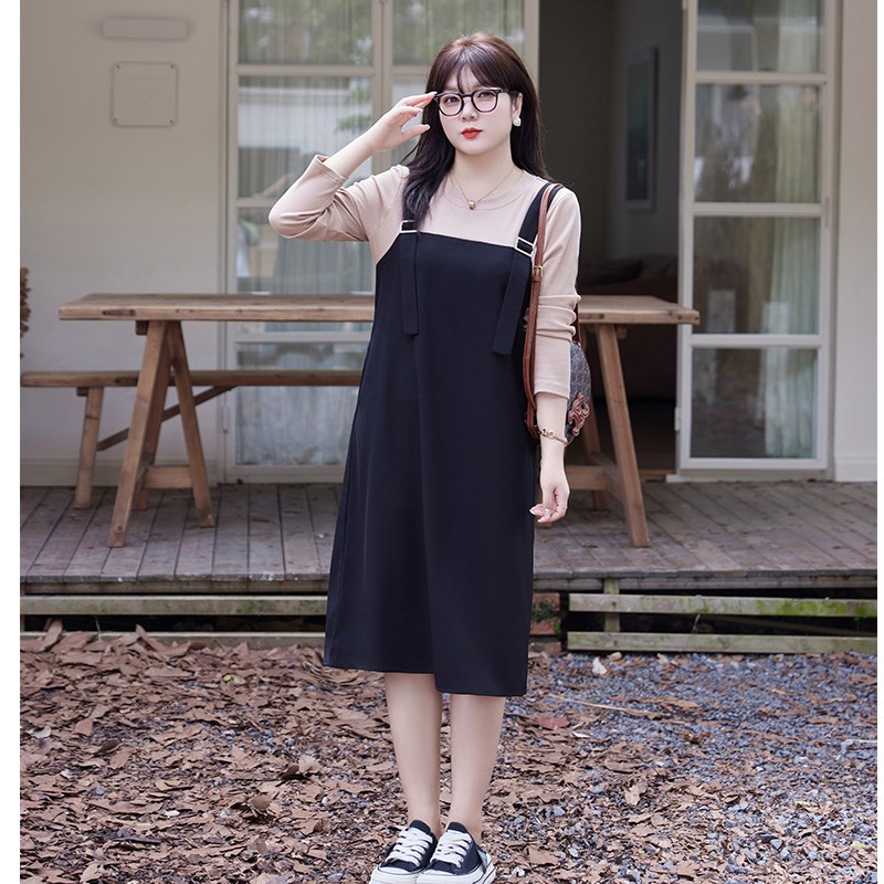 显瘦大码胖MM针织拼接吊带假两件套装连衣裙垂坠感A字裙秋季新款