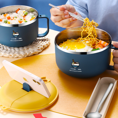 泡面碗学生大容量超大碗宿舍用带盖男不锈钢碗筷单人一套精致饭碗