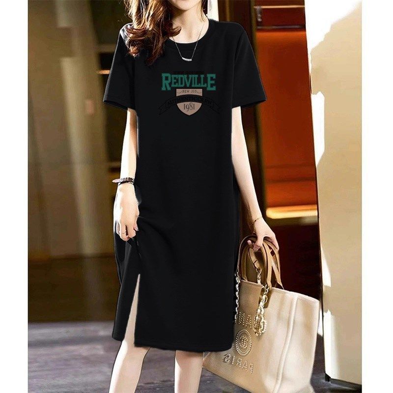2024纯棉短袖长裙宽松休闲过膝t恤裙简约中长款连衣裙女显瘦夏季,女装/女士精品,连衣裙,淘宝优惠券,粉丝福利购,淘宝优惠卷