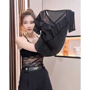 夏天新款性感钉珠V领短袖t恤女遮肚子显瘦气质百搭修身荷叶边上衣