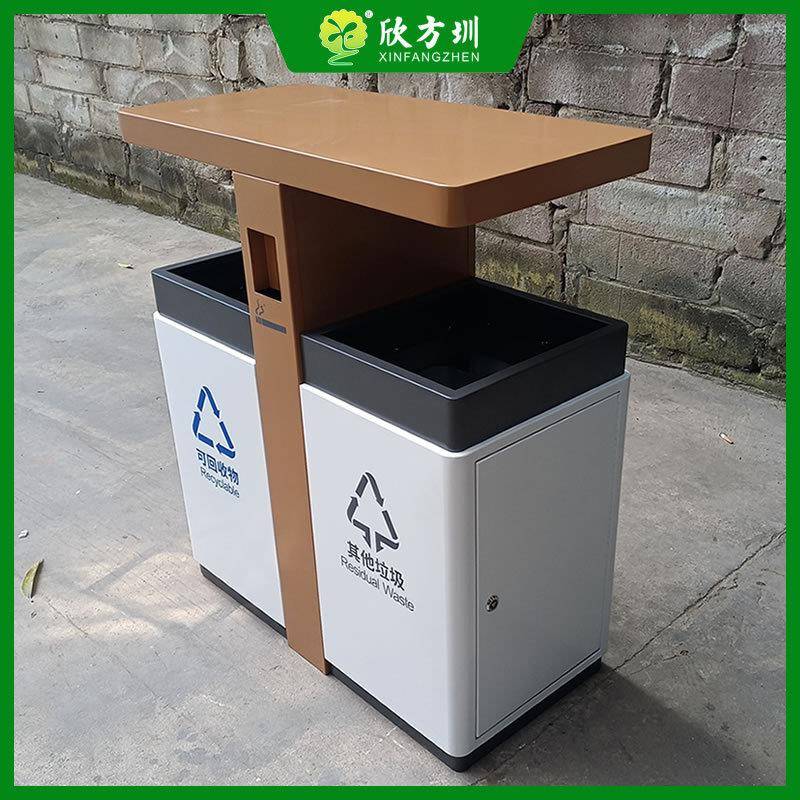 户外小区街道白色喷粉两连体双开门不锈钢分类垃圾桶金属果皮箱