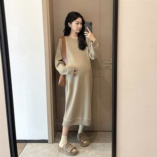 连衣裙韩系弹力过膝长款 秋冬季 软糯毛衣裙针织裙 孕妇装 精致孕妈