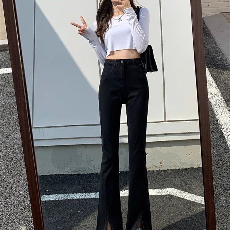 开叉微喇牛仔裤女春秋季2024年新款高腰显瘦拖地小个子黑色喇叭裤,女装/女士精品,大码裤装,淘宝优惠券,粉丝福利购,淘宝优惠卷
