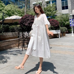 仙女超仙个性 网红款 辣妈蕾丝裙潮 白色纯棉时尚 孕妇连衣裙2025夏季