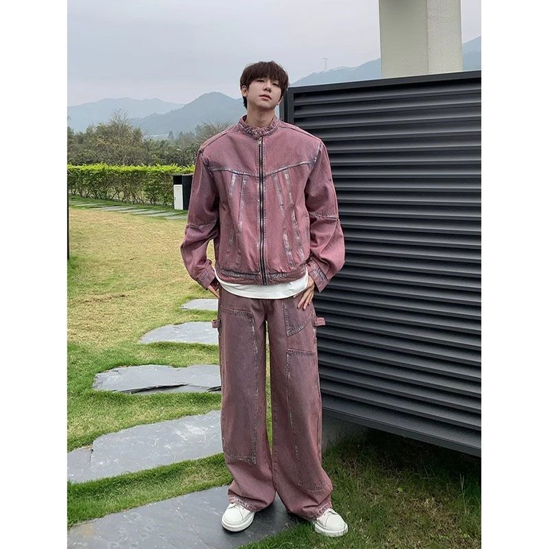 【两件装】做旧夹克宽松牛仔套装粉色牛仔外套男女小众复古废土风