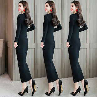 2021秋冬季新款黑色针织连衣裙修身打底长裙女包臀长款过膝毛衣裙