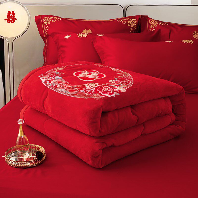 冬季保暖婚庆大红色毛毯中式婚礼床上用品盖毯子女方陪嫁送新人礼