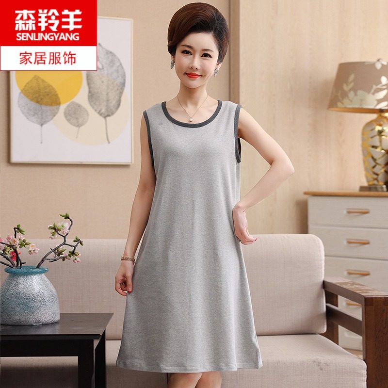 睡裙女夏季无袖纯棉中年妇女妈妈夏天薄款全棉中长款睡衣裙子外穿