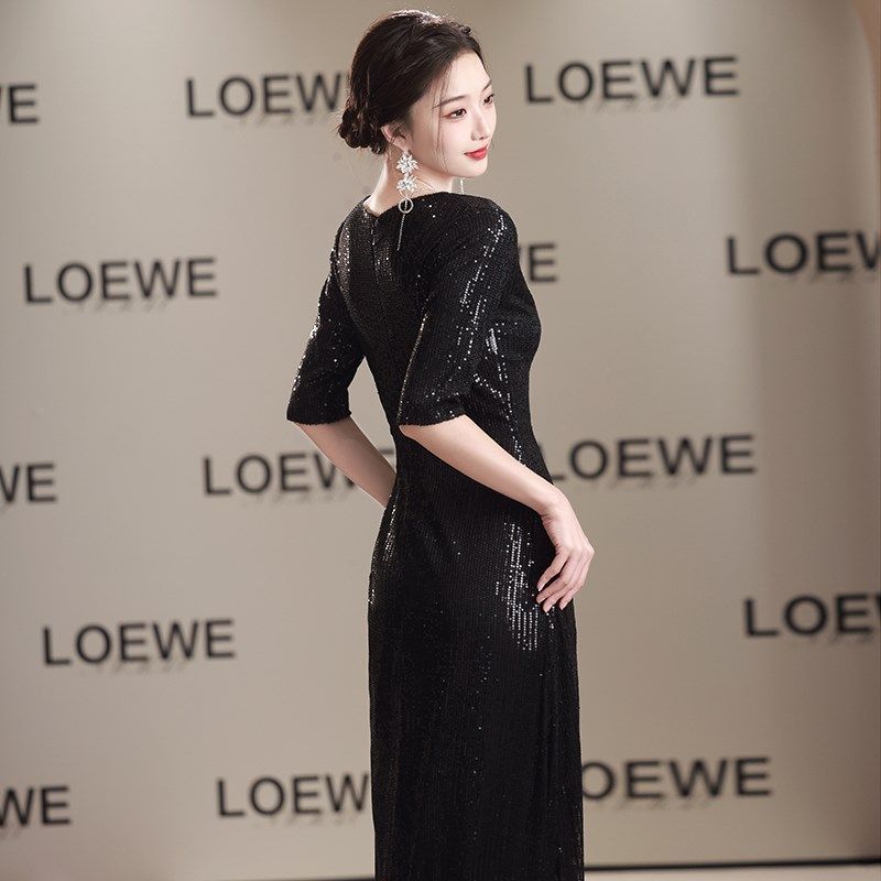 大合唱团演出服女黑色气质年会晚礼服长裙比赛走秀表演主持指挥服