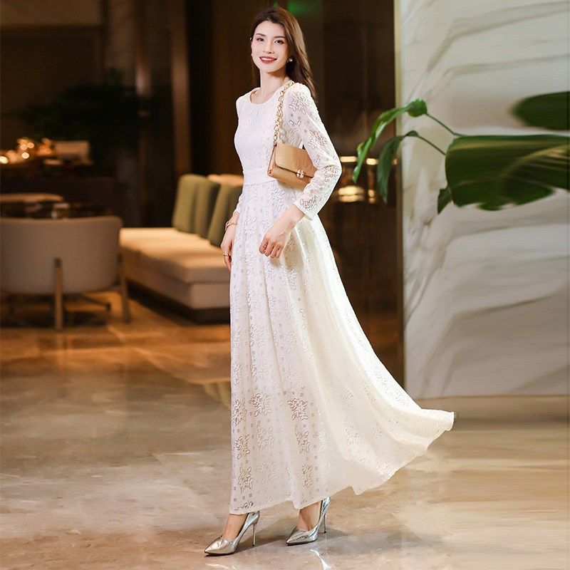 白色长袖连衣裙女2024春秋新款高端蕾丝长款收腰大码显瘦气质长裙
