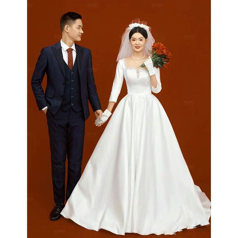 大码法式轻婚纱2024新款胖MM加肥加大新娘出门纱缎面显瘦旅拍登记